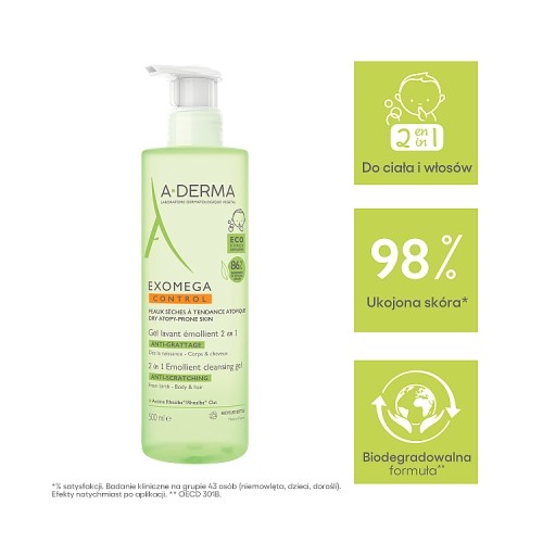 Miniaturka artykułu - #0 A-DERMA Exomega Control  Żel emolient do mycia 2w1, 500ml
