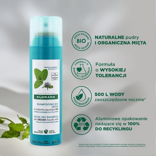 Miniaturka artykułu - #0 KLORANE Suchy szampon detoksykujący z miętą organiczną, 150ml