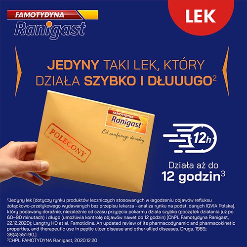 Miniaturka artykułu - #1 Ranigast Famotydyna 20mg, Lek na zgagę  - 20 tabletek 