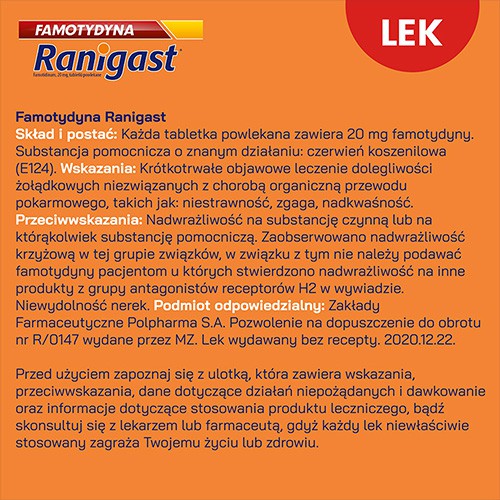 Zdjęcie produktu - 6 Ranigast Famotydyna 20mg, Lek na zgagę  - 20 tabletek 