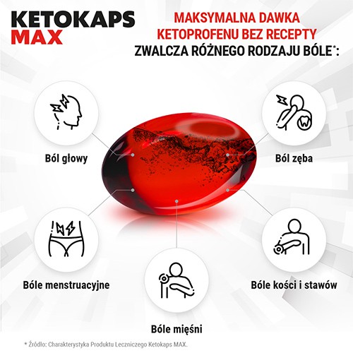 Miniaturka artykułu - #1 KETOKAPS MAX 50mg Lek z ketoprofenem o silnym działaniu przeciwb&oacute;lowym - 20 kapsułek