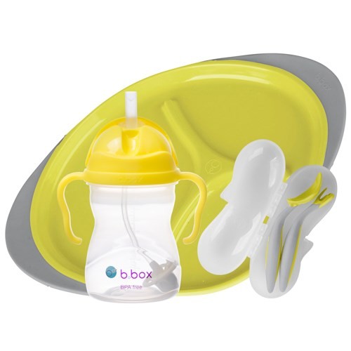 Miniaturka artykułu - #0 B.BOX Zestaw do karmienia BLW talerzyk + łyżeczka + widelec + bidon, Lemon Sherbet