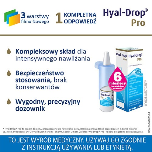 Miniaturka artykułu - #1 HYAL-DROP PRO krople do oczu, 10ml