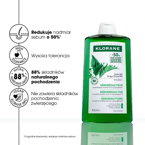 Miniaturka artykułu - #1 KLORANE Szampon seboregulujący z pokrzywą, 400ml