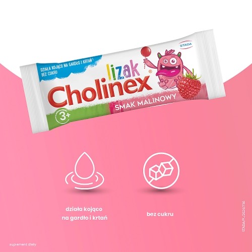 Zdjęcie produktu - 2 CHOLINEX lizak na b&oacute;l gardła BEZ CUKRU o smaku malinowym, 50szt.