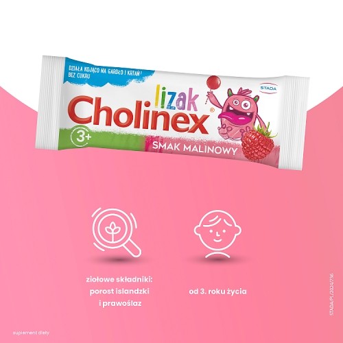 Zdjęcie produktu - 3 CHOLINEX lizak na b&oacute;l gardła BEZ CUKRU o smaku malinowym, 50szt.