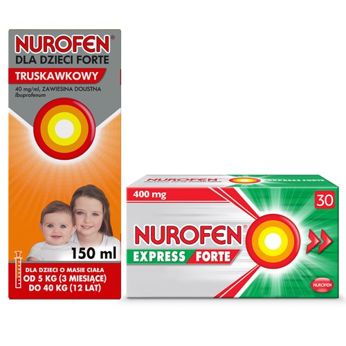 Miniaturka artykułu - #0 Zestaw Nurofen dla dzieci Forte truskawkowy, 150ml + Nurofen Express Forte, 30 kapsułek