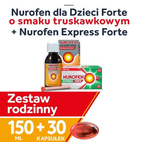 Miniaturka artykułu - #1 Zestaw Nurofen dla dzieci Forte truskawkowy, 150ml + Nurofen Express Forte, 30 kapsułek