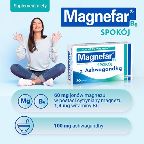 Zdjęcie produktu - 2 MAGNEFAR B6 Spok&oacute;j, 30 tab. Połączenie magnezu i ashwagandhy