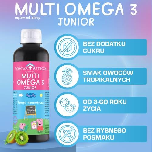 Zdjęcie produktu - 2 DOMOWA APTECZKA Tran Multiomega 3 Junior owoce tropikalne, 250ml