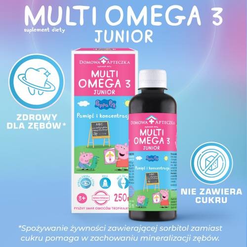 Zdjęcie produktu - 4 DOMOWA APTECZKA Tran Multiomega 3 Junior owoce tropikalne, 250ml