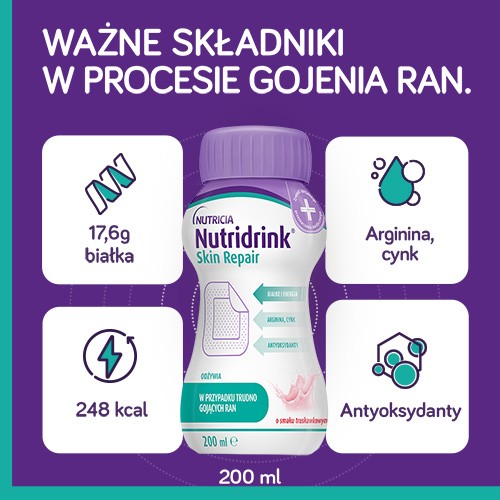 Zdjęcie produktu - 3 Zestaw 4x Nutridrink Skin Repair truskawka, 4x200ml (dawniej Cubitan)