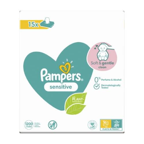 Miniaturka artykułu - #1 Pampers Chusteczki nawilżane Sensitive, 15 x 80szt.