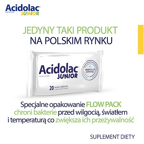 Zdjęcie produktu - 4 Acidolac Junior o smaku białej czekolady, 20 tabletek