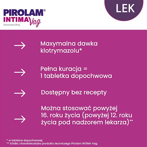 Zdjęcie produktu - 2 Pirolam Intima Vag 500mg, 1 tabletka dopochwowa - Lek na grzybicę pochwy 