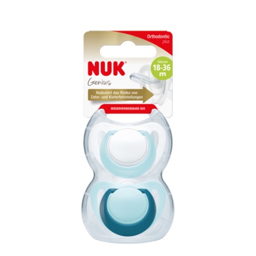 Miniaturka artykułu - #0 NUK Genius Silikonowy smoczek uspokajający turkusowy/biały 18-36m, 2 sztuki