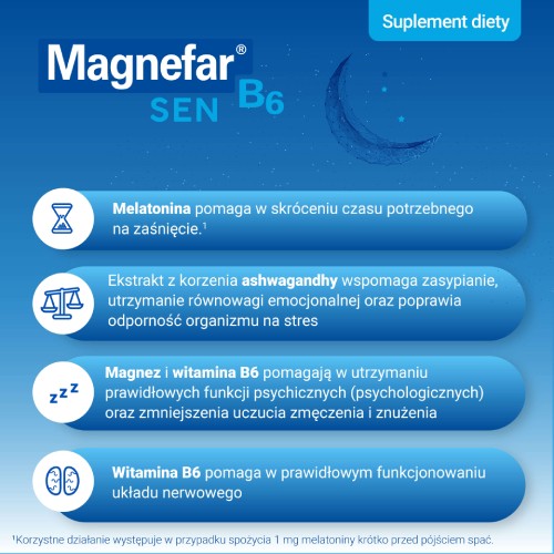 Zdjęcie produktu - 2 Magnefar B6 Sen, 30 tabletek Unikalne połączenie magnezu i melatoniny poprawiające jakość snu