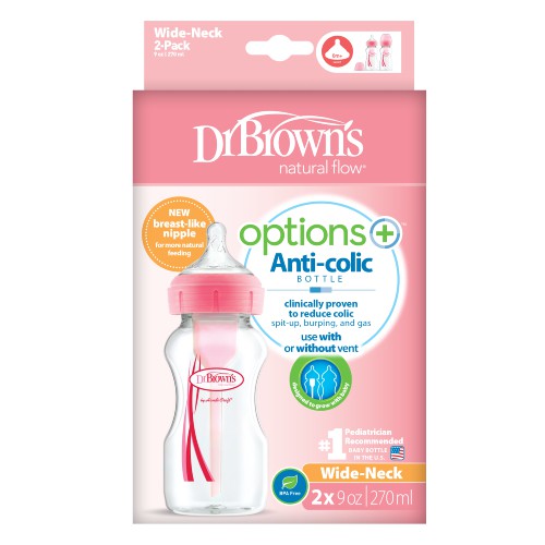 Miniaturka artykułu - #0 Dr Brown's Options+ Butelka antykolkowa 0m+ szeroka szyjka 270ml, r&oacute;żowa, 2szt.