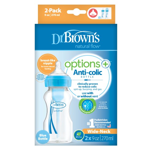 Miniaturka artykułu - #0 Dr Brown's Options+ Butelka antykolkowa 0m+ szeroka szyjka 270 ml, niebieska, 2szt.