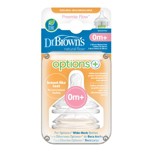 Miniaturka artykułu - #0 Dr Brown's Preemie 0m+ Smoczek do butelki Options+ z szeroką szyjką dla wcześniak&oacute;w, 2szt.