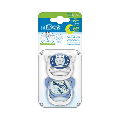 Miniaturka artykułu - #0 Dr Brown's Smoczek ortodontyczny PreVent świecący w ciemności 0-6m, niebieski/przezroczysty, 2szt