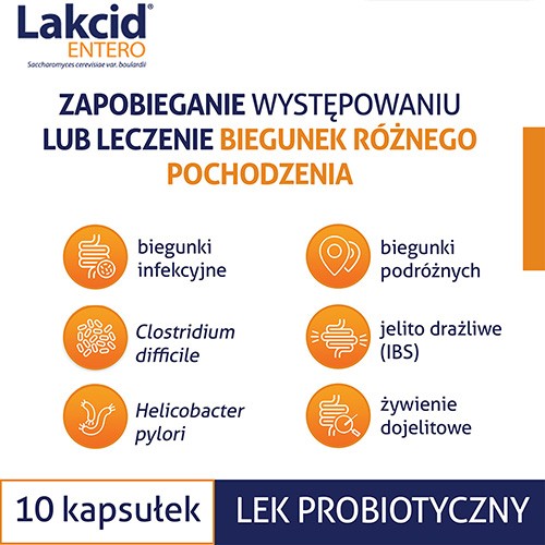 Miniaturka artykułu - #0 LAKCID ENTERO 250 mg, Lek przeciwbiegunkowy przy antybiotyku 10kaps.