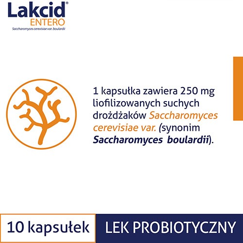 Miniaturka artykułu - #1 LAKCID ENTERO 250 mg, Lek przeciwbiegunkowy przy antybiotyku 10kaps.