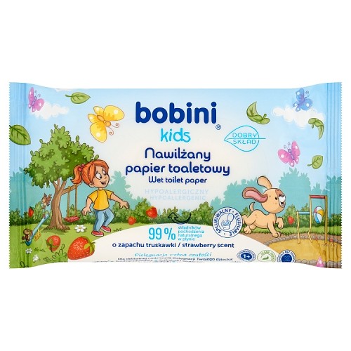 Miniaturka artykułu - #0 BOBINI KIDS Nawilżany papier toaletowy o zapachu truskawki, 50 sztuk