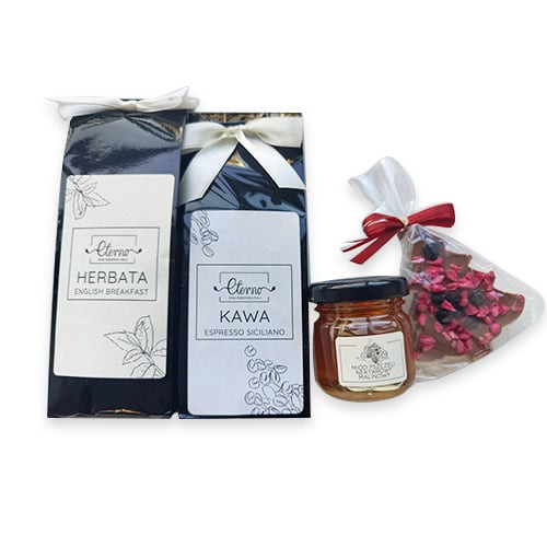 Miniaturka artykułu - #1 Zestaw Świąteczny Mały Eterno Kawa Espresso Siciliano, 50g + Herbata English Breakfast, 50g + 2x mi&oacute;d, 50g + czekoladka, 20g 