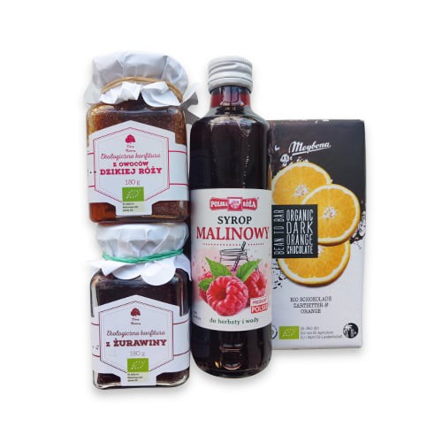 Miniaturka artykułu - #1 Zestaw Świąteczny Duży Dary Natury Konfitura z owoc&oacute;w dzikiej r&oacute;ży, 180g + konfitura z żurawiny, 180g + Syrop malinowy Polska R&oacute;ża, 250ml + czekolada, 100g