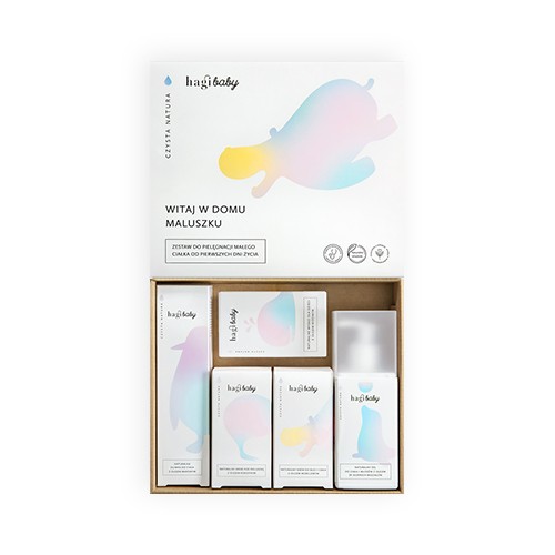 Miniaturka artykułu - #0 HAGI Baby Zestaw Witaj w domu Maluszku: Żel do ciała i włos&oacute;w 250 ml + Oliwka do ciała 150 ml + Mydło 100 g + Krem pod pieluszkę 50 ml + Krem do buzi i ciała 50 ml