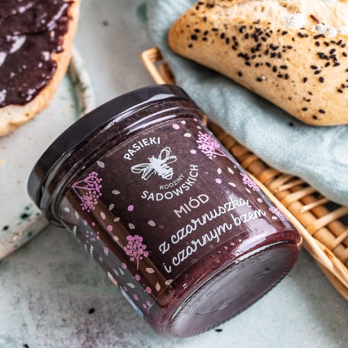 Zdjęcie produktu - 0 PASIEKI RODZINY SADOWSKICH Mi&oacute;d z czarnuszką i czarnym bzem, 430g