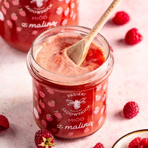 Zdjęcie produktu - 0 PASIEKI RODZINY SADOWSKICH Mi&oacute;d z maliną, 430g