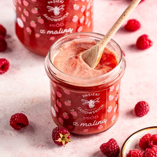 Zdjęcie produktu - 2 PASIEKI RODZINY SADOWSKICH Zestaw Mi&oacute;d z maliną, 430g + Mi&oacute;d z cytryną, 430g + Mi&oacute;d z truskawką, 430g