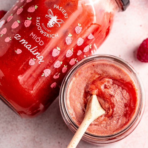 Zdjęcie produktu - 3 PASIEKI RODZINY SADOWSKICH Zestaw Mi&oacute;d z maliną, 430g + Mi&oacute;d z cytryną, 430g + Mi&oacute;d z truskawką, 430g