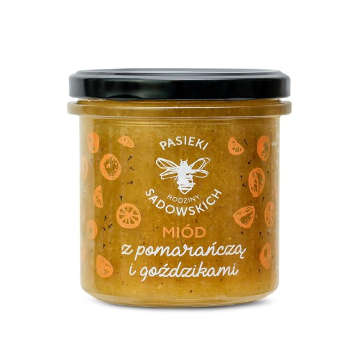 Zdjęcie produktu - 2 PASIEKI RODZINY SADOWSKICH Zestaw Mi&oacute;d z maliną, 430g + Mi&oacute;d z pomarańczą i goździkami, 430g 