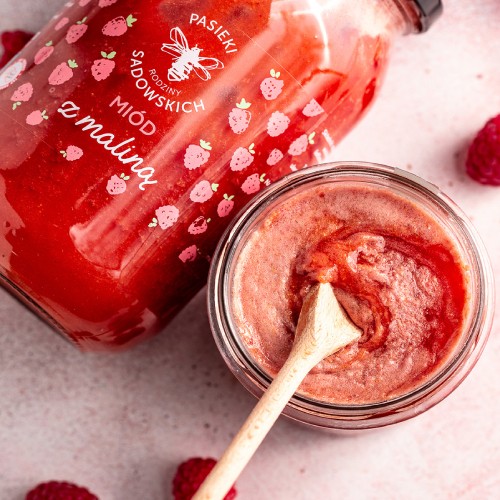 Zdjęcie produktu - 0 PASIEKI RODZINY SADOWSKICH Mi&oacute;d wielokwiatowy z maliną, 1150g