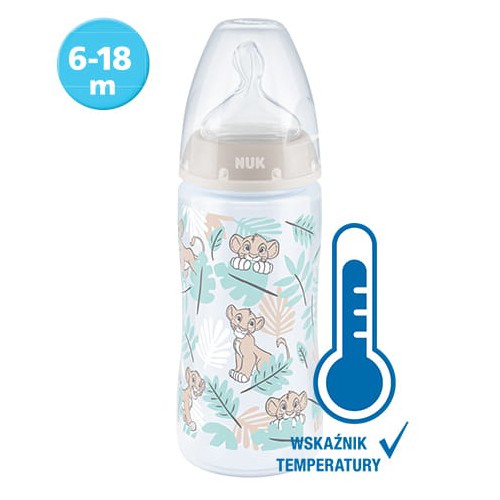 Miniaturka artykułu - #0 NUK First Choice+ Butelka ze wskaźnikiem temperatury ze smoczkiem silikonowym Kr&oacute;l Lew 300ml 6-18m