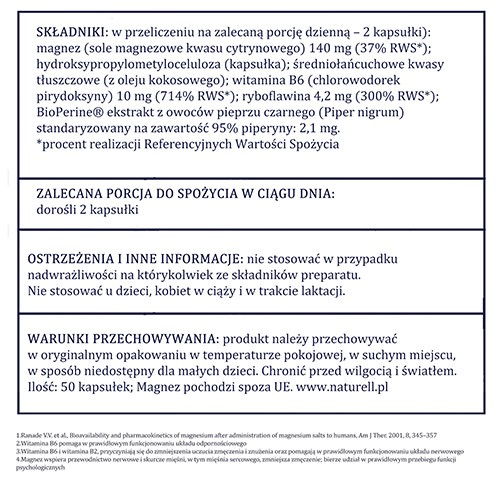 Zdjęcie produktu - 5 NATURELL Magnez Organiczny+, 50 kapsułek