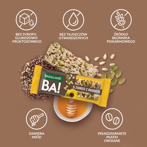 Zdjęcie produktu - 2 BAKALLAND BA! Baton 5 ziaren z miodem, 40g