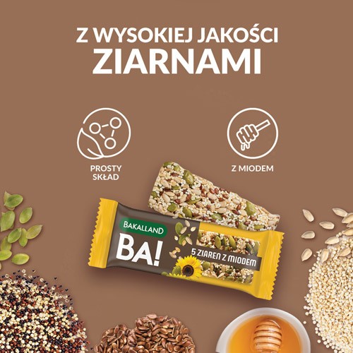 Zdjęcie produktu - 3 BAKALLAND BA! Baton 5 ziaren z miodem, 40g