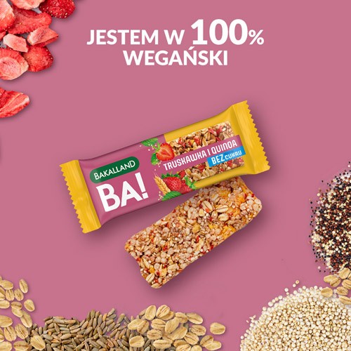 Miniaturka artykułu - #1 BAKALLAND BA! Baton 5 zb&oacute;ż Truskawka i Quinoa zero cukru, 30g