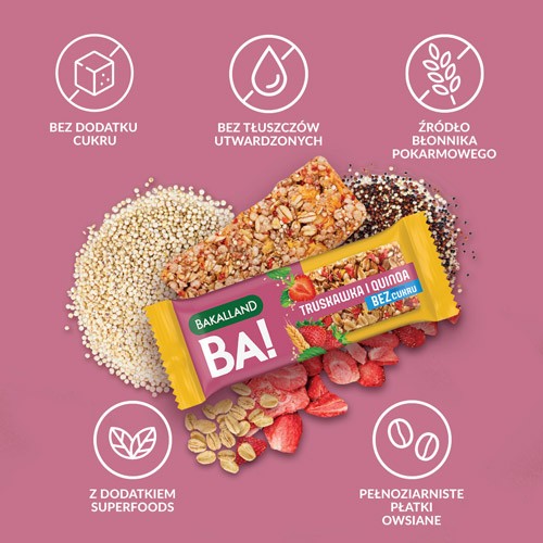 Zdjęcie produktu - 2 BAKALLAND BA! Baton 5 zb&oacute;ż Truskawka i Quinoa zero cukru, 30g