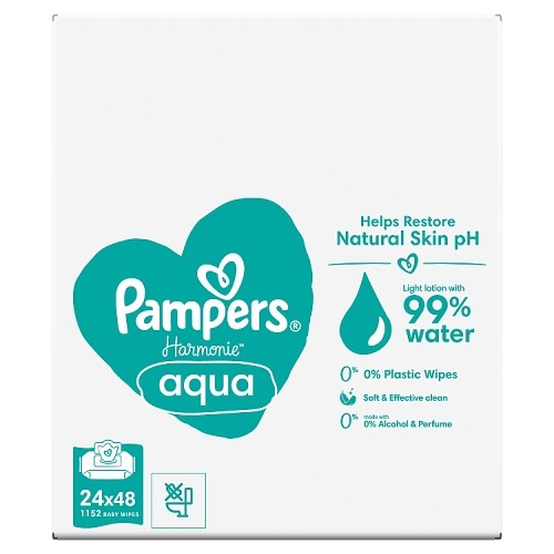 Zdjęcie produktu - 4 Pampers Harmonie Aqua Chusteczki nawilżane dla dzieci, 24x48szt.