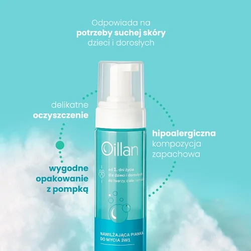 #1 – OILLAN Nawilżająca pianka 3w1 do mycia twarzy, ciała i włos&oacute;w, 200ml