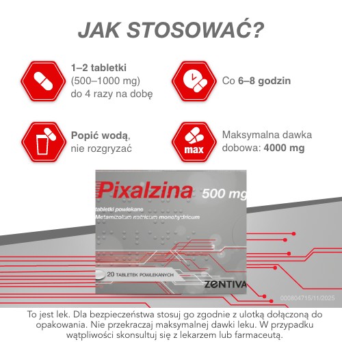 Zdjęcie produktu - 3 Pixalzina 500mg, Lek o silnym działaniu przeciwgorączkowym i przeciwb&oacute;lowym, 20 tabl.