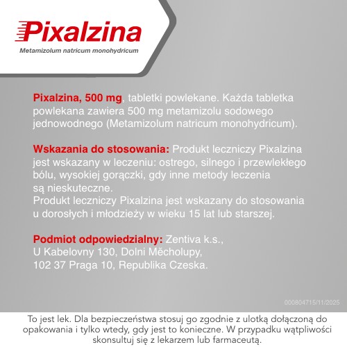 Zdjęcie produktu - 4 Pixalzina 500mg, Lek o silnym działaniu przeciwgorączkowym i przeciwb&oacute;lowym, 20 tabl.