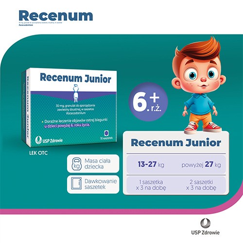 Zdjęcie produktu - 3 Recenum Junior, 10sasz.  - doraźne leczenie objaw&oacute;w ostrej biegunki  u dzieci powyżej 6. roku życia