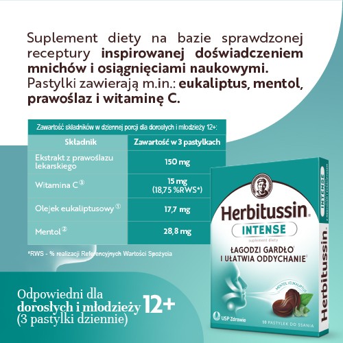 Zdjęcie produktu - 3 Herbitussin Intense Mentol i Eukaliptus, 10 pastylek do ssania