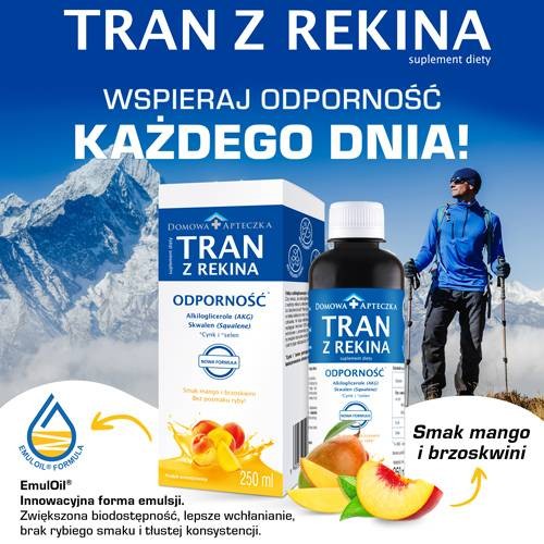 Miniaturka artykułu - #0 DOMOWA APTECZKA Tran z rekina o smaku mango-brzoskwinia emulsja, 250ml (nowa formuła)